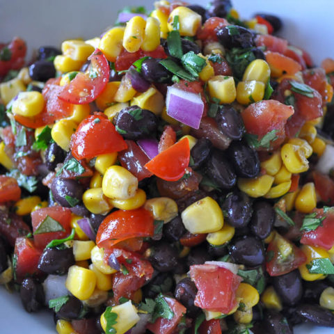 macro close up of prepared black bean and corn salsa